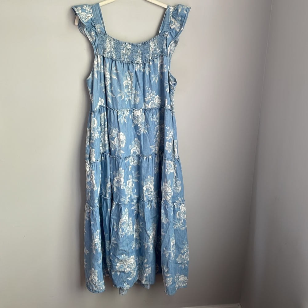 Old Navy Blue & White Floral Print Flutter Sleeve Tiered Cotton Dress Size XL - Picture 3 of 9